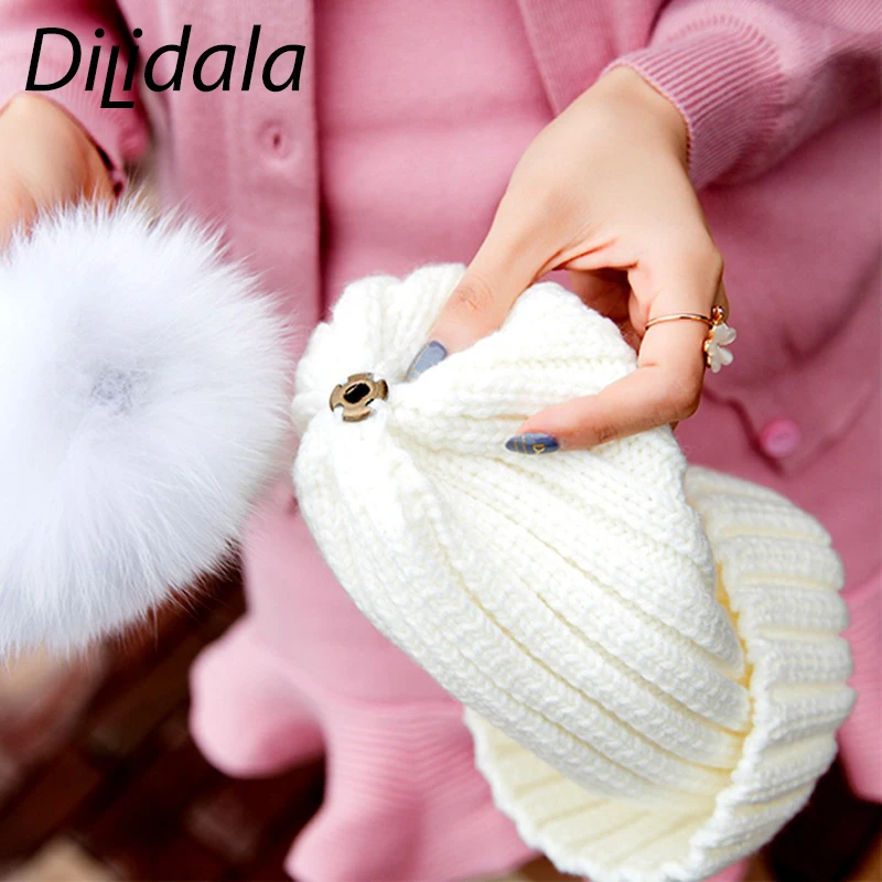 Dilidala, женская вязаная шапка, Лисий мех, зимняя теплая шапка, корейский стиль, дикая, шерсть, шапка для детей, зимние шапки для женщин, элегантная