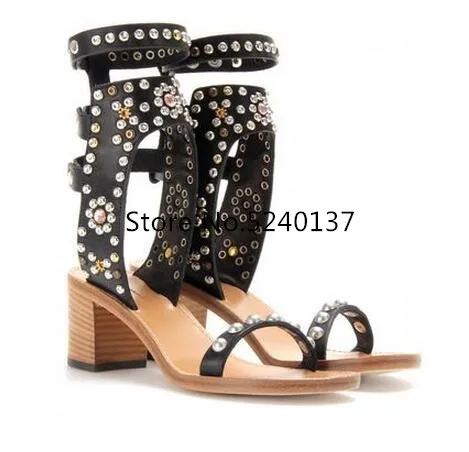 Summer Gladiator Rivets Studded Black Genuine Leather Women Sandals Open Toe Buckle Strap Chunky Heel European Design Sandals