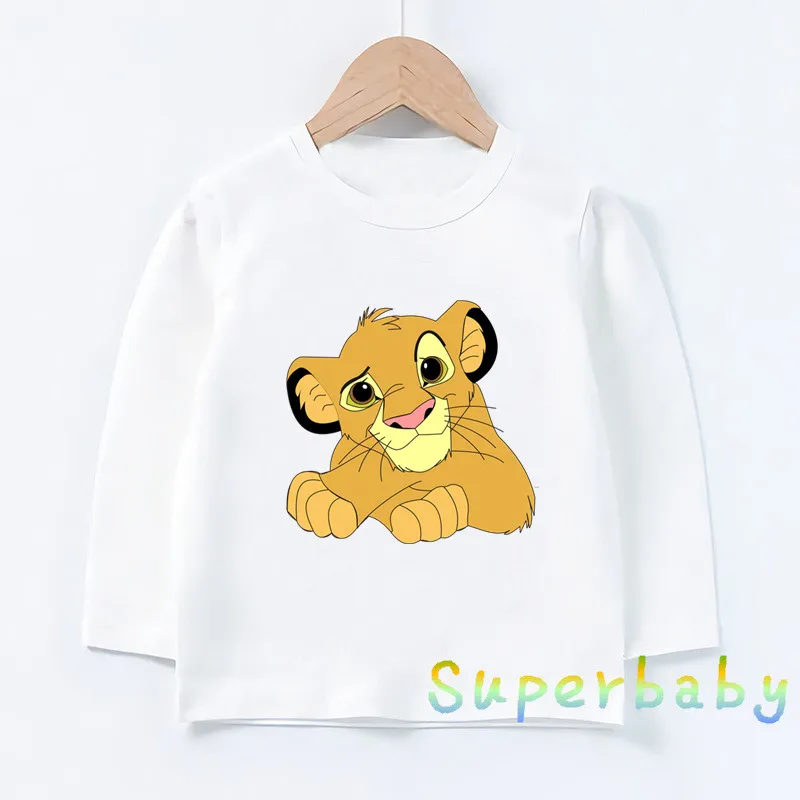Детская футболка с принтом «Король Лев» Милые Забавные топы с изображением Симбы для маленьких мальчиков и девочек, детская футболка с длинными рукавами LKP5315