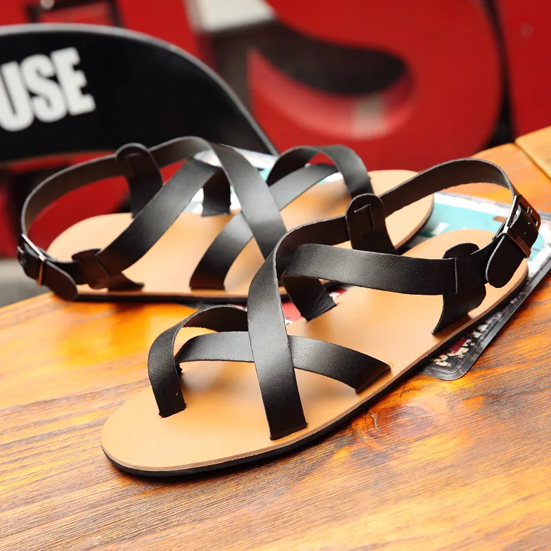 

2019 Summer Breathable Gladiator Casual Leather Sandal Big Size New Fashion Men Buckle Strap Comfortable Flat Rubber Sole Shoes