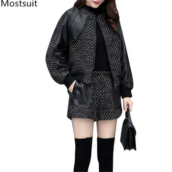 

2019 Winter Woolen 2 Piece Shorts Suit Set Women Long Sleeve Coat Jacket + Shorts Suits Casual Fashion Korean Ladies 2 Pcs Sets