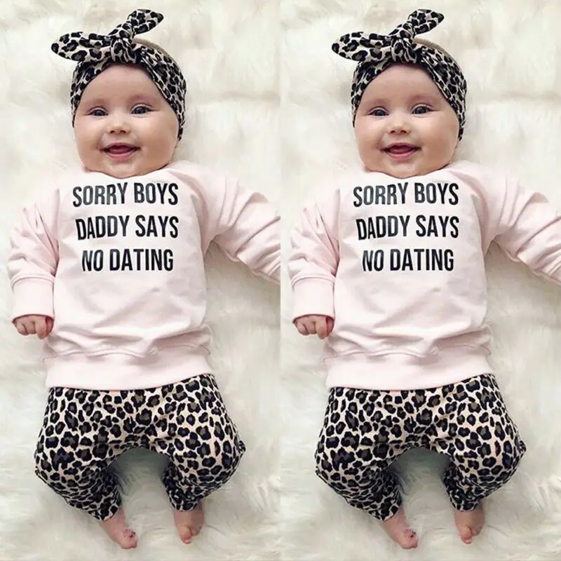 Комплект одежды для маленьких девочек, топы с надписями для новорожденных, футболка, штаны с леопардовым принтом, весенне-осенняя хлопковая одежда из 3 предметов для маленьких девочек