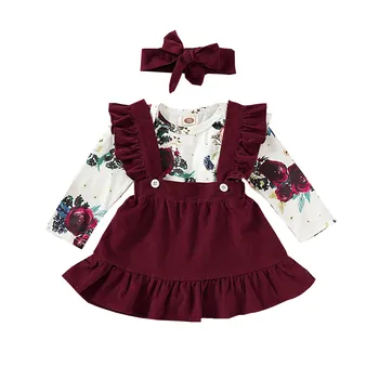

Little Girl There Piece Suit Dress Long Sleeve Bodysuit And Suspender Dress Cute Fashion Girl's Clothes With Flowers Hair Band