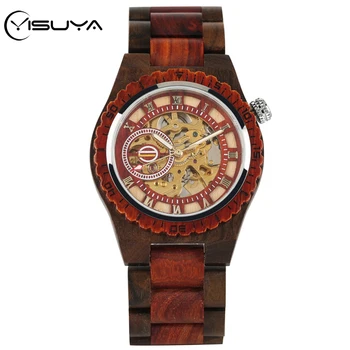 

YISUYA Luxury Men's Watch Automatic Mechanical Wooden Watch Skeleton Display Retro Full Wooden Band Wristwatch Clock Male reloj