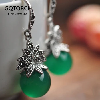 

Real 925 Sterling Silver Natural Green Stone Earrings For Women Vintage Retro Black Rhinestone Drop Beads Fine Jewelry
