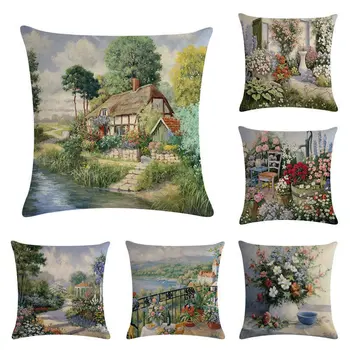 

Landscape Painting 45*45cm Cushion Cover Linen Throw Pillow Car Home Decoration Decorative Pillowcas