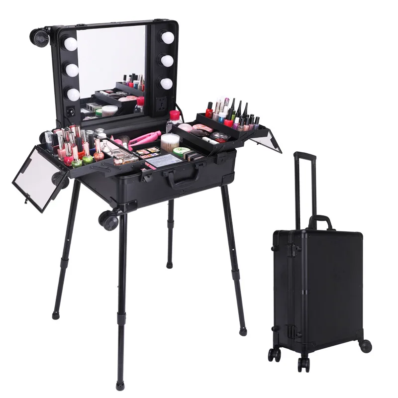 

Large-Volume Fashion Makeup Box Light Included with Bluetooth Trolley Cosmetic Case Large Occasion Makeup Draw-bar Toolbox