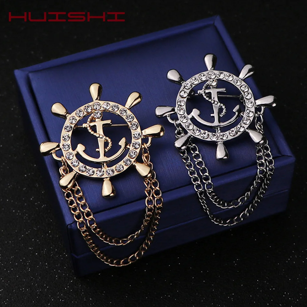 

HUISHI Crystal Brooch Golden Ship's Anchor Rudder Brooches For Mens Suit Badge Lapel Pin For Men Women Chain Christmas Gift