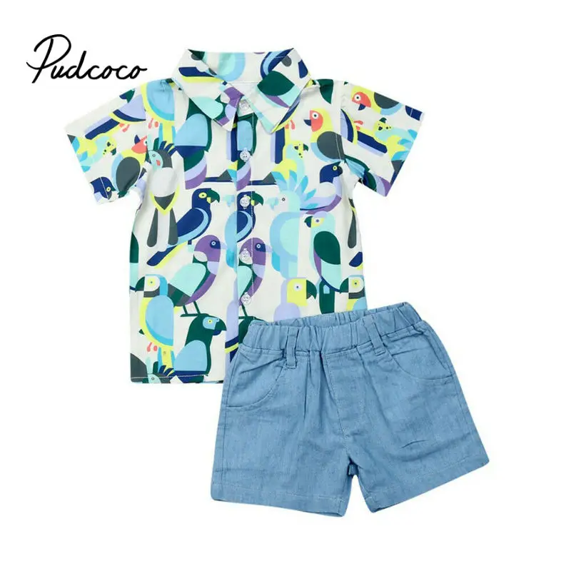 Pudcoco/Летняя одежда для маленьких мальчиков; платье с короткими рукавами и принтом птицы; рубашка; топы+ джинсовые шорты; комплект одежды с короткими штанами