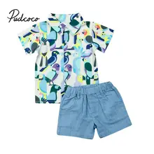 Pudcoco/Летняя одежда для маленьких мальчиков; платье с короткими рукавами и принтом птицы; рубашка; топы+ джинсовые шорты; комплект одежды с короткими штанами