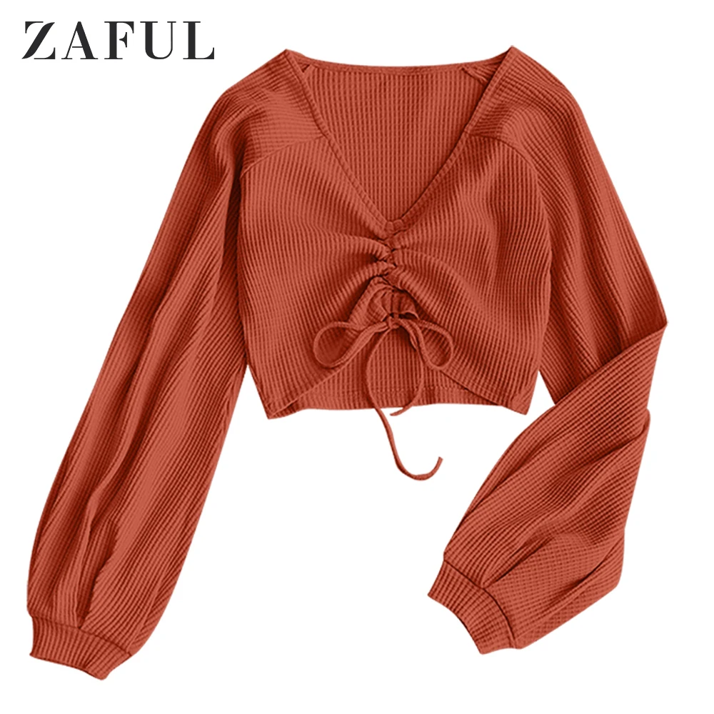 Женская трикотажная футболка с v-образным вырезом и рукавом реглан от ZAFUL, весна, сексуальные однотонные женские топы, повседневные пуловеры, Женский трикотажный кроп-топ
