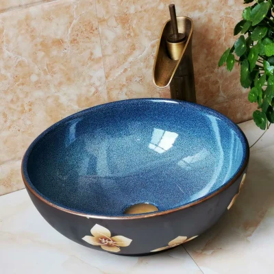 

Bathroom Round Ceramic Vessel Sink Vanity Artistic Basin with Pop up Drain Combo AB246