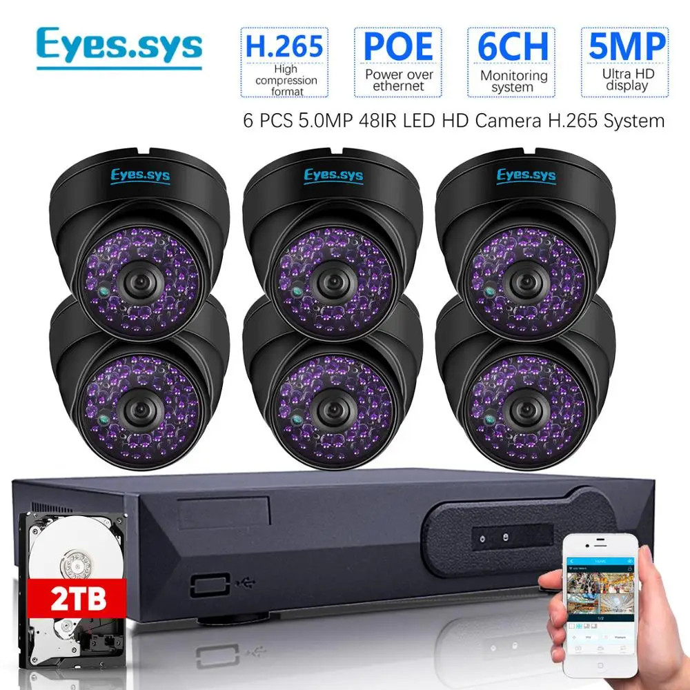 Eyessys H.265 6x 5.0MP 48LED IR Outdoor IP Night Vision Dome Camera CCTV POE HDMI NVR P2P Sound Security System 4000GB HDD