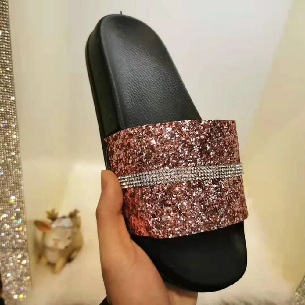Sequin Woman Sexy Sandals Rhinestones Non-slip Bathroom Home Outdoor Slippers Beach Shoes Flip Flops Slide Cute Shoes Slippers