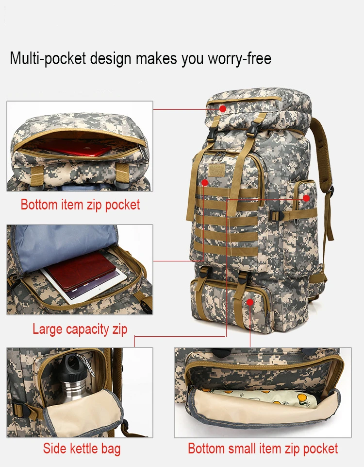Открытый Камуфляж Оксфорд рюкзак большой емкости 80L Путешествия Duffle Пешие прогулки военные сумки внутренний слот карман Weekender Повседневная