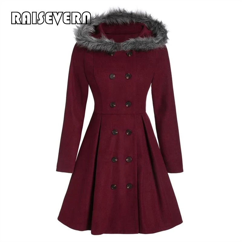 Средневековое шерстяное пальто из искусственного меха с капюшоном для женщин, зимнее черное готическое пальто с воротником-стойкой, зимнее двубортное длинное пальто в готическом стиле