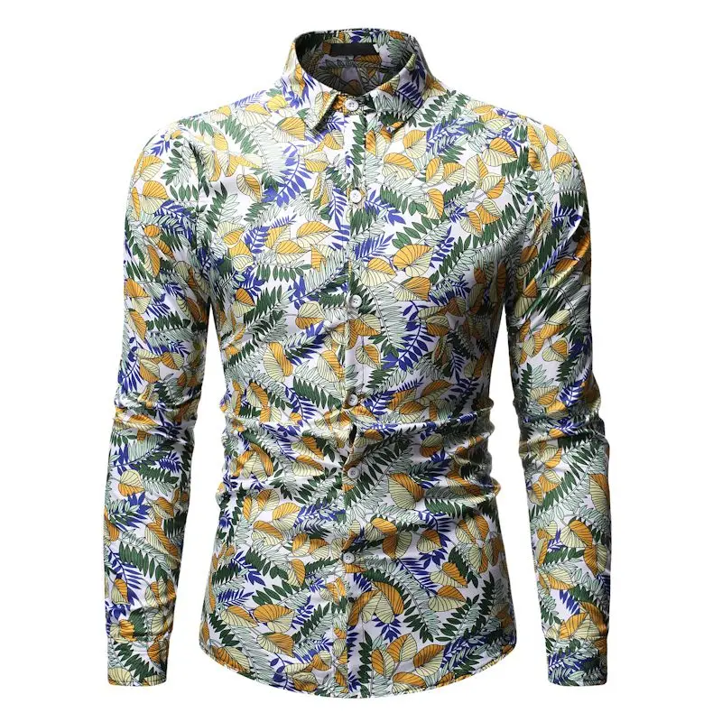 Модная повседневная мужская рубашка на весну и осень, приталенная льняная рубашка с цветочным принтом, рубашки с длинными рукавами, мужские рубашки с цветочным принтом