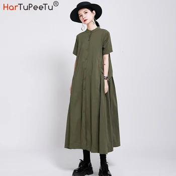 

Midi Dress Women Summer 2020 Elegant Cotton Linen Japan Simple Plain Short Sleeve Big Hem Army Green Black 2 Colours
