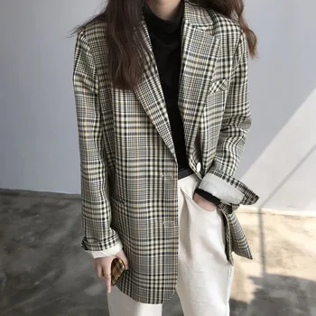 

2019 Autumn And Early Winter Lattice Suit Jacket Retro Fashion Check Loose Blazer Coat Woman Outerwear Tops