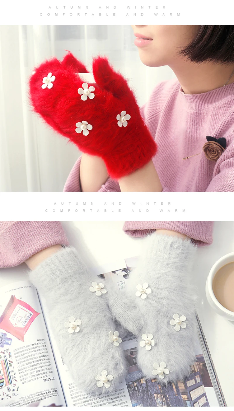 New Women Winter Keep Warm Plus Velvet Inside Thicken Full Finger Female Flower Pearl Cute Lovely Long Rabbit Fur Mittens Gloves