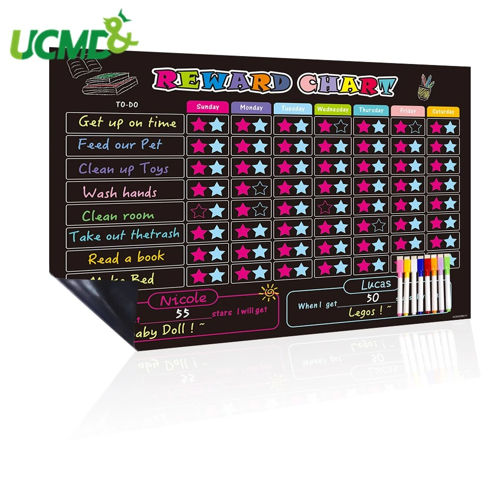 Multiple Kid Chart System w//Bonus Reusable Monthly Calendar Magnetic Chalkboard Reward Chore Chart Black Dry Erase Refrigerator Responsibility Incentive Chart 17/” x 11/”