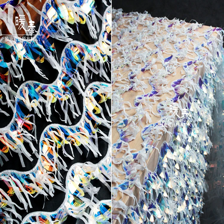 

0.5m x 1.2m Laser magic color concave-convex fringed wave sequins fabric for dress wedding decoration clothing design fabric