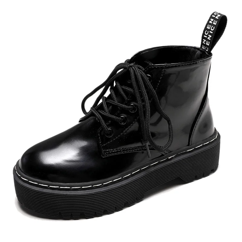 

Boots Woman England Thick Bottom Student Low Patent Leather Small Short Boots