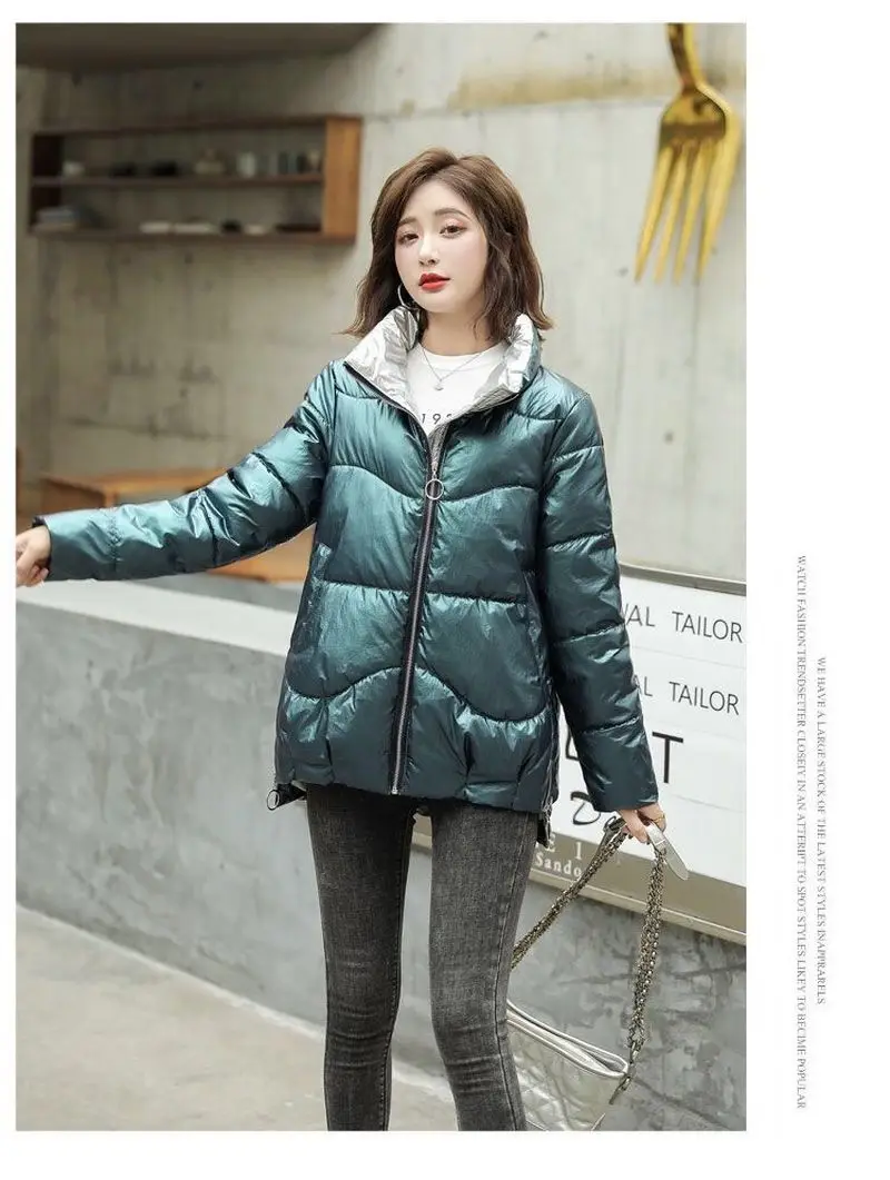 Cabolsa de Inverno Moda Curta Brilhante Parkas Mulheres Quente Gola Sólida Algodão Macio Acolchoado Jaquetas Feminino 2020