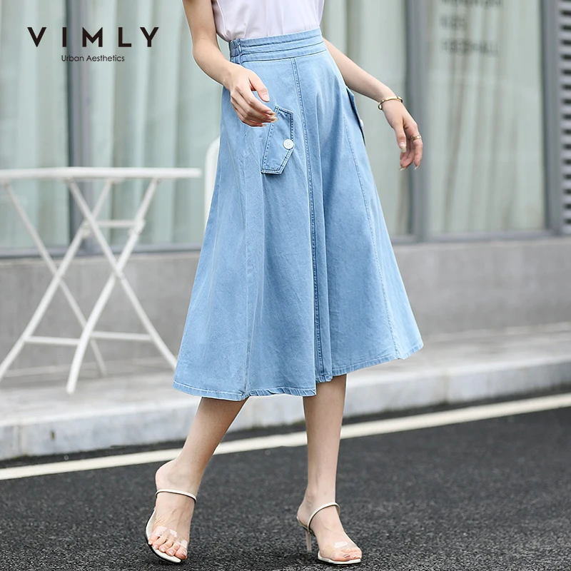 Vimly 2020 Summer Women High Waist Denim Skirt Vintage Office Lady Solid Zipper Mid-calf Casual Female A-line 96671 | Женская одежда
