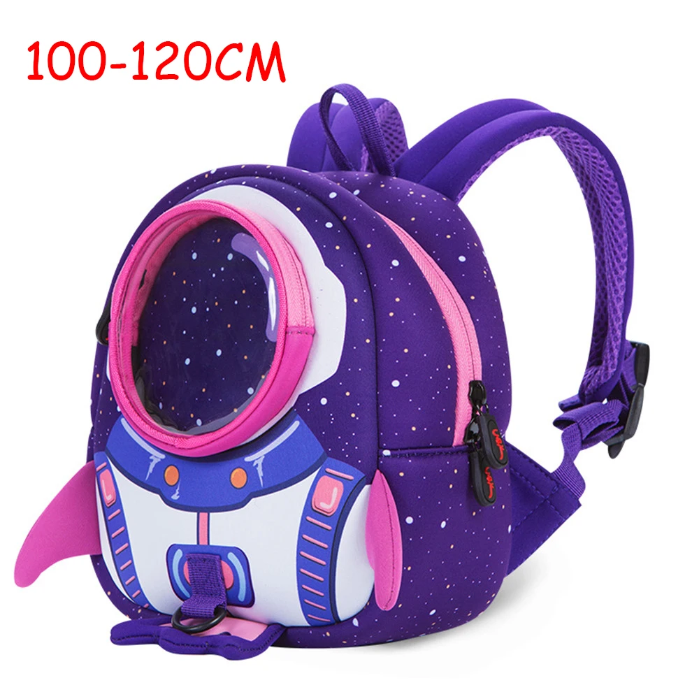 purple 100-120 cm Рюкзаки+ веревка для девочек с героями мультфильмов, детские сумки для детского сада синего, фиолетового цвета, Регулируемая мягкая сумка с ракетами - Цвет: purple 100-120 cm