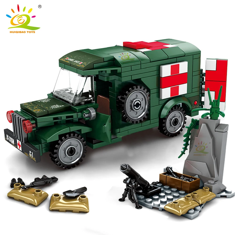  262PCS Military WW2 Ambulance model Building Blocks legoingly Army truck US Soldier Bricks SET Educ
