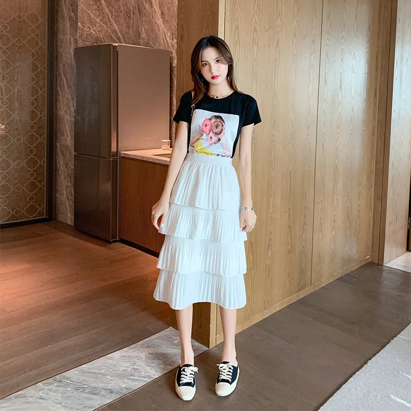 

Set WOMEN'S Dress 2019 Summer New Style Korean-style WOMEN'S Wear Printing Short-sleeved T-shirt Solid Color Skirt a Generation