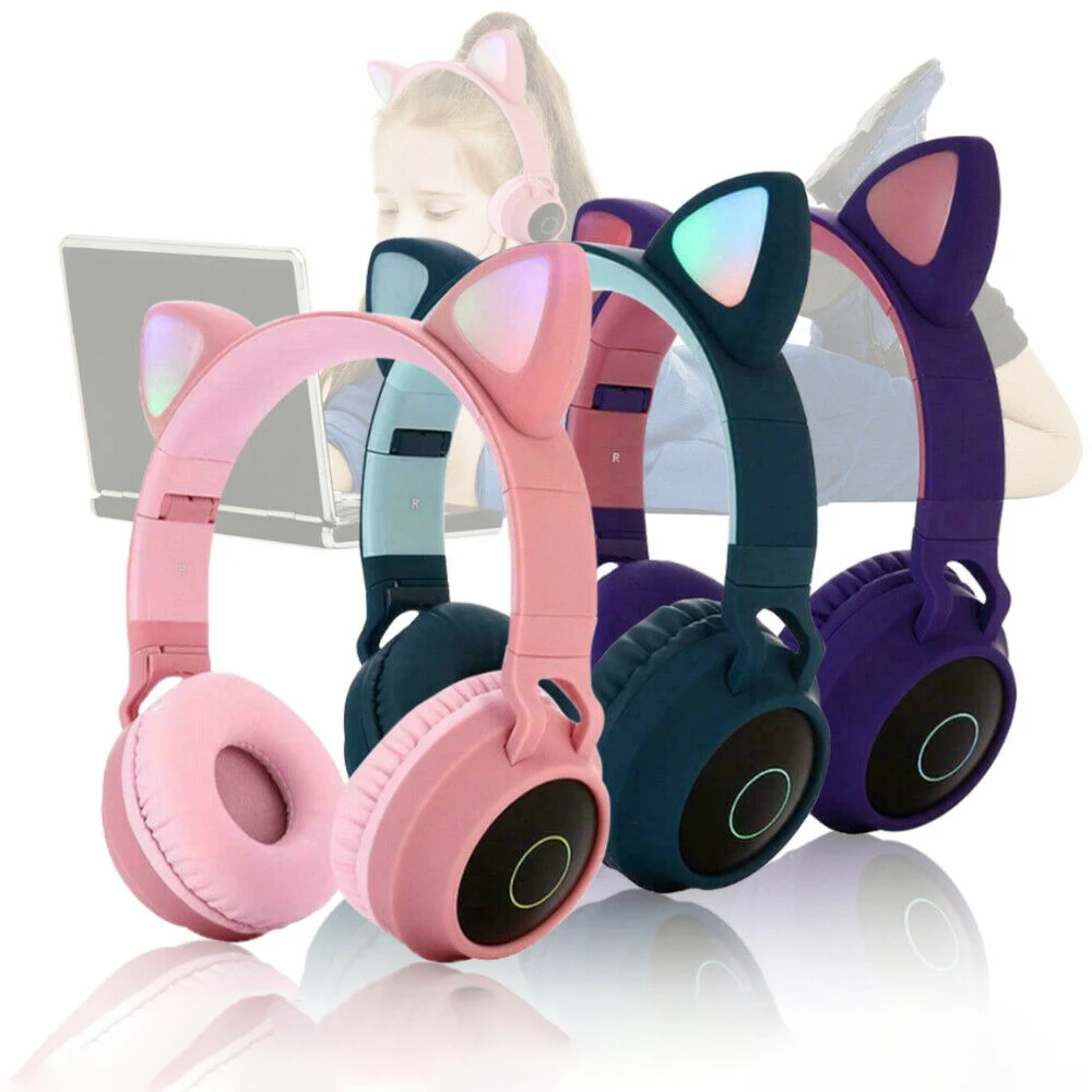 Wireless LED Cat Ear Noise Cancelling Headphones Bluetooth 5 0 Young People Kids Headset Support TF Card 3 5mm Plug With Mic