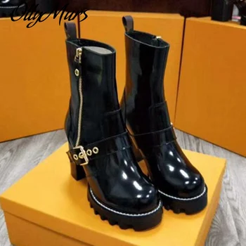 

Patent Leather Platform Ankle Boots High Heel Zipper Boots Women Fashion Black Shoes Genuine Leather Women Shoes