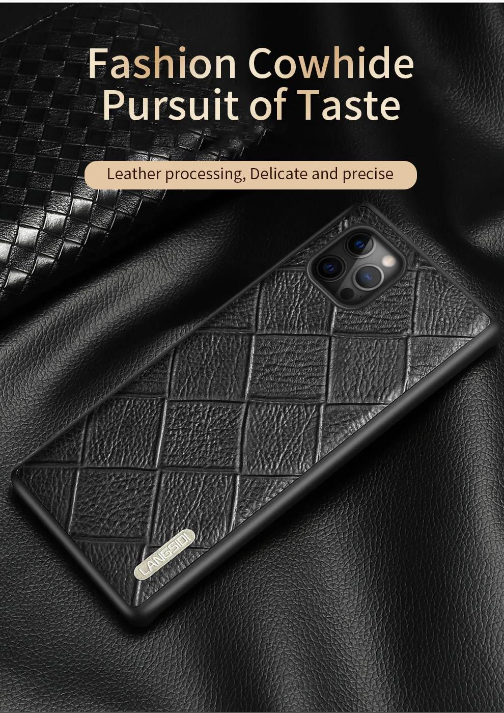 LANGSIDI Leather case For Iphone 12 pro max 11 Square embossing back cover For iphone 12 pro 12 max xr xs max 7 8 plus fundas