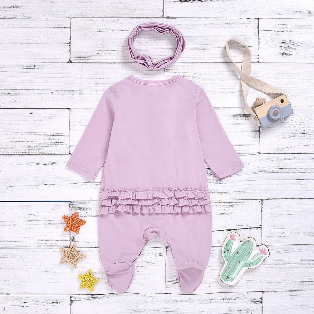 0-12M Newborn baby Baby Footies jumpsuit+ Headdress long sleeves ruffles solid cotton comfortable baby boy girl clothes A1