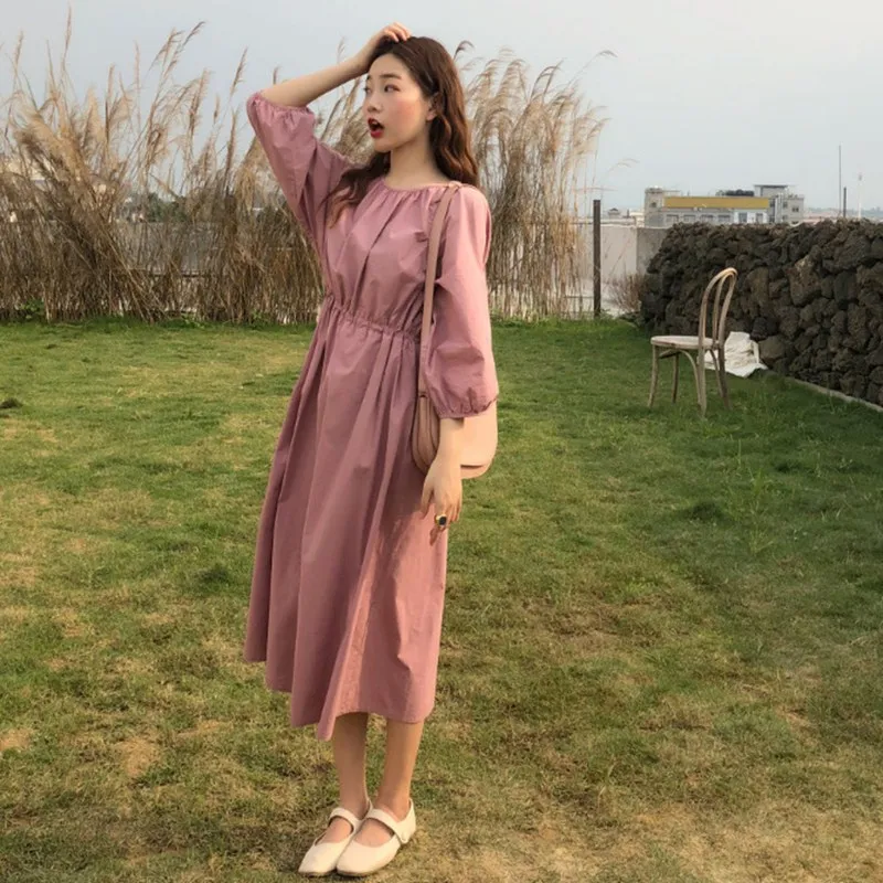 

Spring Elegant Office Lady Party Dress Casual Loose Long Sleeve Solid Simple Dress Elastic Waist Midi Dress Vintage Female