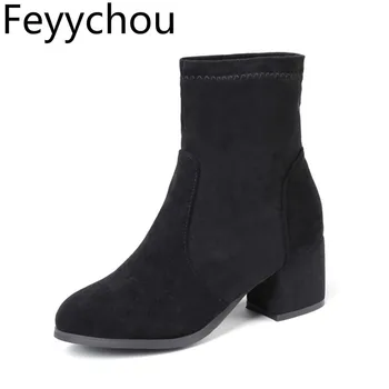 

Women's Boots Autumn Winter Med Heel Warm Flock Round Toe Slip on Ankle Stretch Boots 2019 New Sexy Fashion Black Big Size 34-45