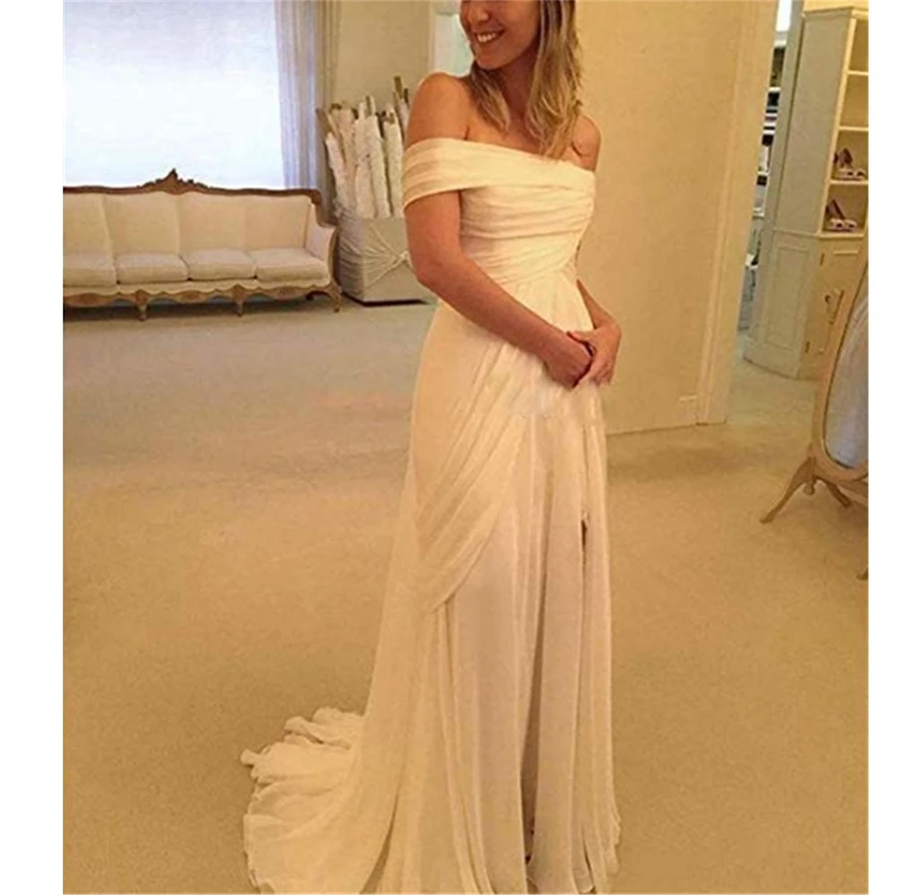 

Boho wedding dress Ivory Boat Neck Off The Shoulder Beach Dropped Backless Custom-Made Front Splited Designer Wedding Dresses
