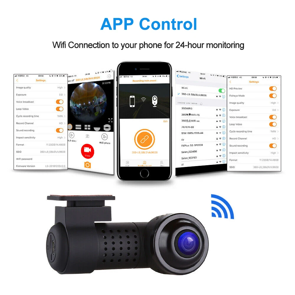 Τηλέφωνο DVR αυτοκινήτου Κινητό WiFi Connect Dashcam 4K 2160P HD 360° Πανόραμα Sony IMX326 Dual Lens 24H Parking Monitoring Video Recording_voghion.com