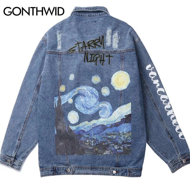 

GONTHWID Multi Pockets Van Gogh Starry Night Embroidery Print Distressed Destroyed Denim Jean Jackets Coats Hip Hop Streetwear