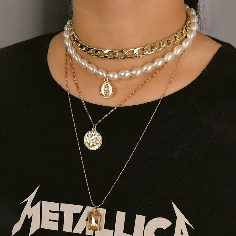 

accessories multi-layer mixing coin gem sautoir contracted geometric reliefs restoring ancient ways like necklace