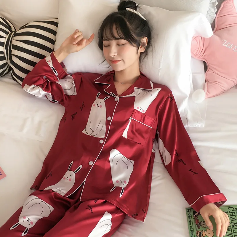 

Pajamas Women's Spring And Autumn Cute Rabbit Thin Viscose Long Sleeve Two-Piece Set Students Silk-Outer Wear Tracksuit