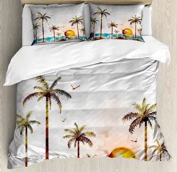 

Island Duvet Cover Set Tropical Landscape in Watercolor Style Palm Trees Ocean Waves Sunset Beach Picture Bedding Set Multicolor