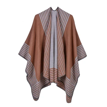 

2020 Winter Scarves for Women Knitted Shawl Poncho Faux Cashmere Colorblock Striped Cardigan Open Front Drape Long Warm Pashmina