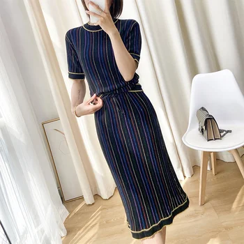 

Two Piece Skirt Set Women 2020 Summer Vertical Stripes Knitted T-shirt + Drawstring Midi Skirt Suits 2 Piece Set Skirt Women Set