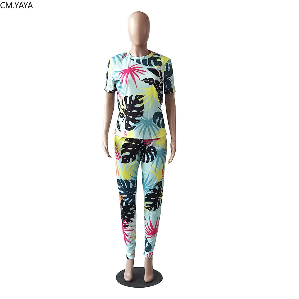 Women Autumn Leaf print T-Shirt top& pants suit two piece set Casual sweatsuit Sexy Fashion tracksuit outfit GLW8044