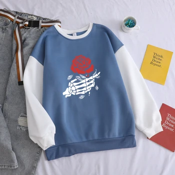 

Skull Rose Sweatshirts Autumn Winter Fleece Women Contrast Color Patchwork O-neck Harajuku Kawaii Funny Print Hoodies Streetwear