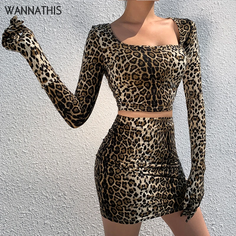 

Wannathis Leopard Print 2 Piece Set With Glove Detachable Women Autumn Long Sleeve Crop Top and Skirt Fashion Sexy Slim Stretchy