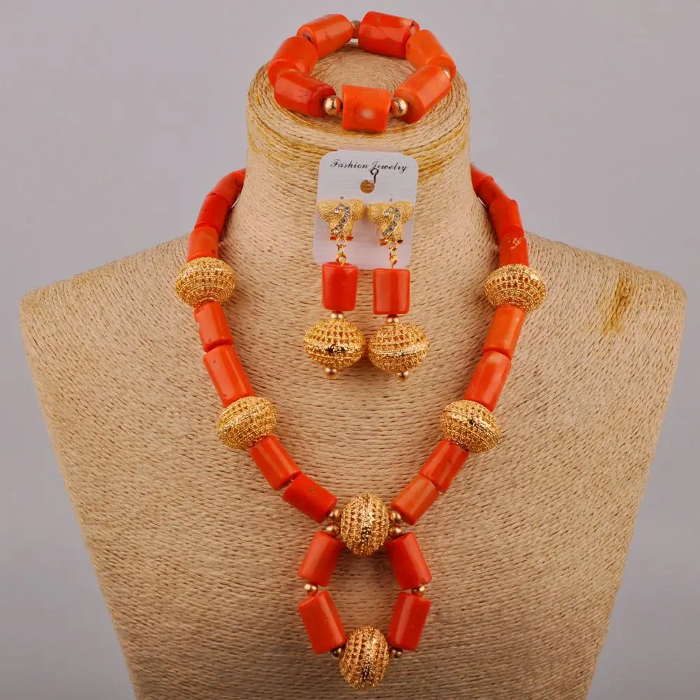

Нигерия, свадебные бусины, оранжевое коралловое ожерелье, Африканское женское свадебное платье, Свадебный комплект ювелирных изделий AU-324